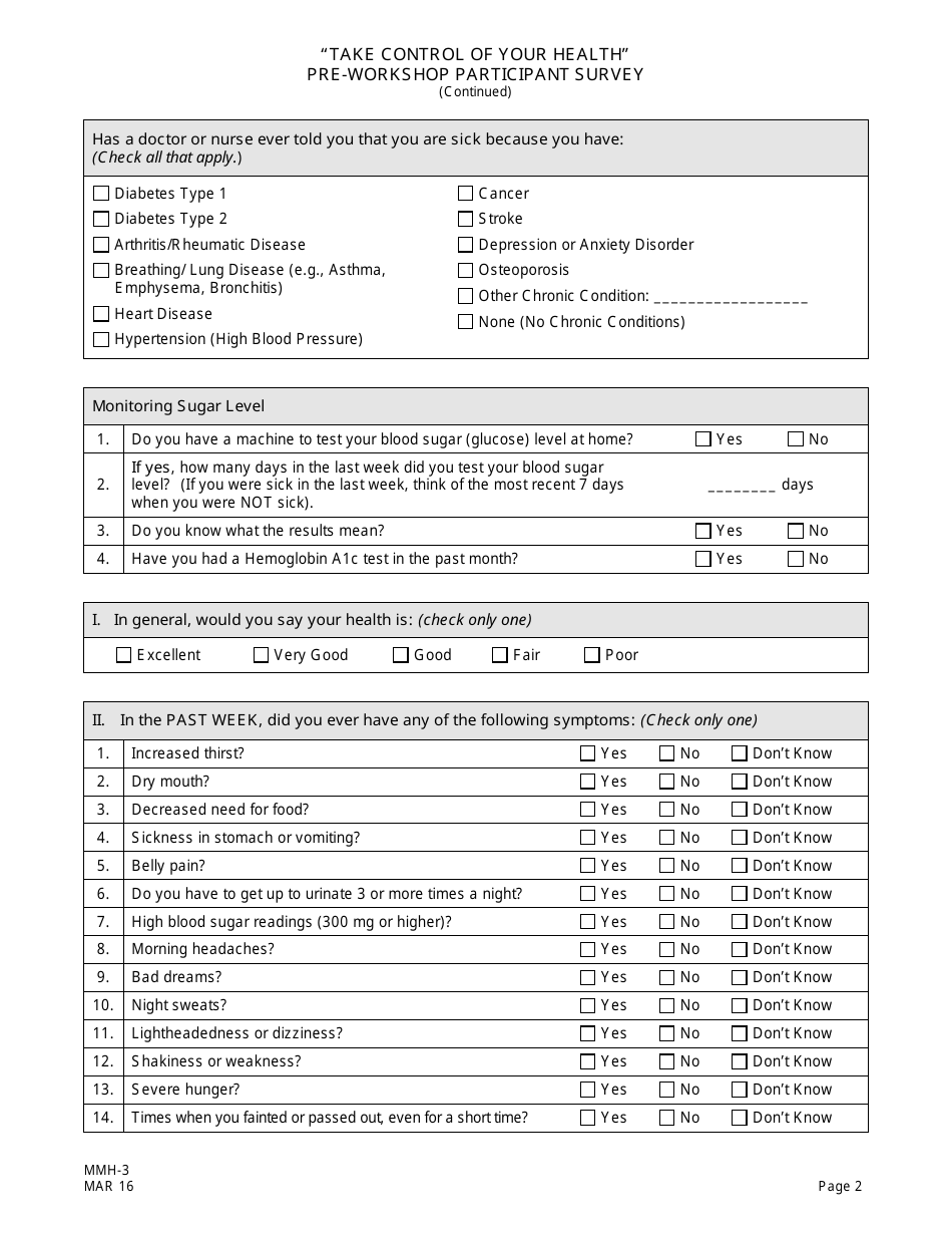 Form MMH-3 Take Control of Your Health Pre-workshop Participant Survey - Diabetes Self-management Program - New Jersey, Page 2