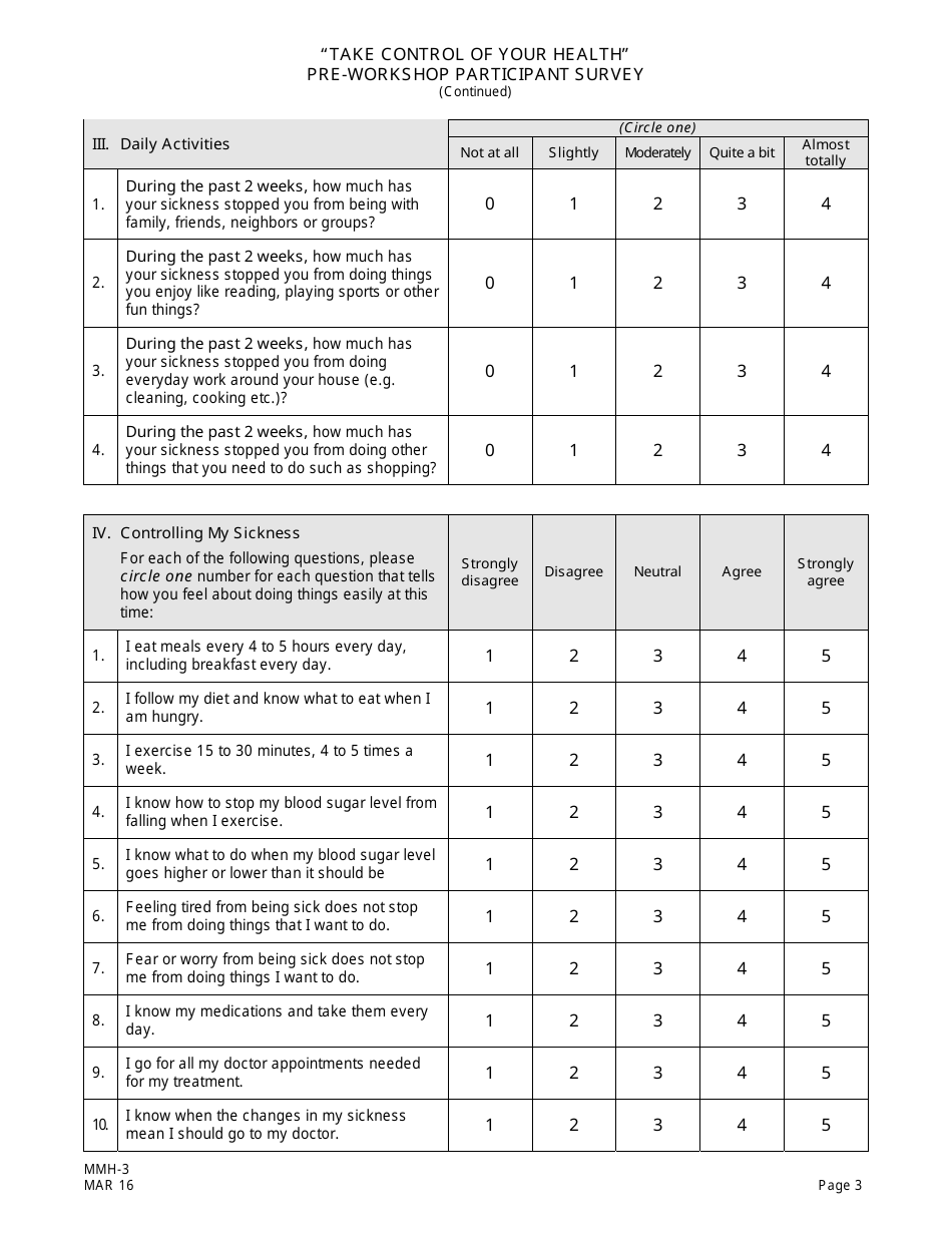 Form MMH-3 Take Control of Your Health Pre-workshop Participant Survey - Diabetes Self-management Program - New Jersey, Page 3