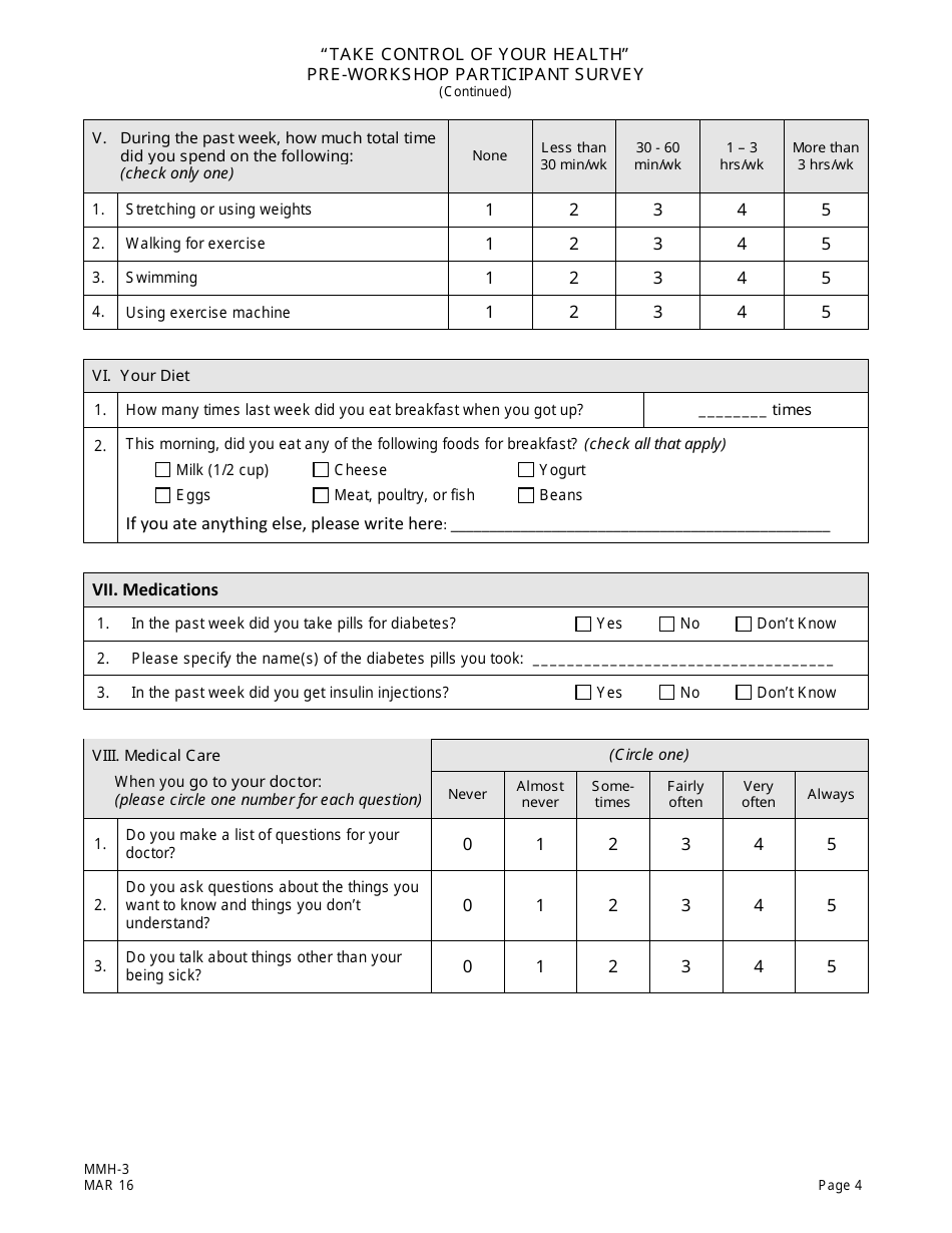 Form MMH-3 Take Control of Your Health Pre-workshop Participant Survey - Diabetes Self-management Program - New Jersey, Page 4