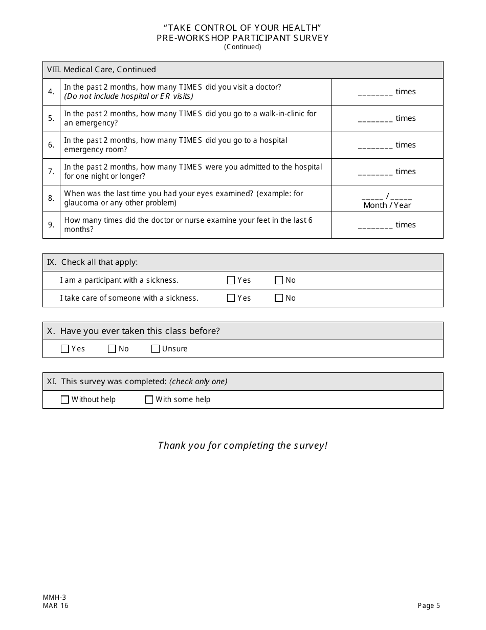 Form MMH-3 Take Control of Your Health Pre-workshop Participant Survey - Diabetes Self-management Program - New Jersey, Page 5