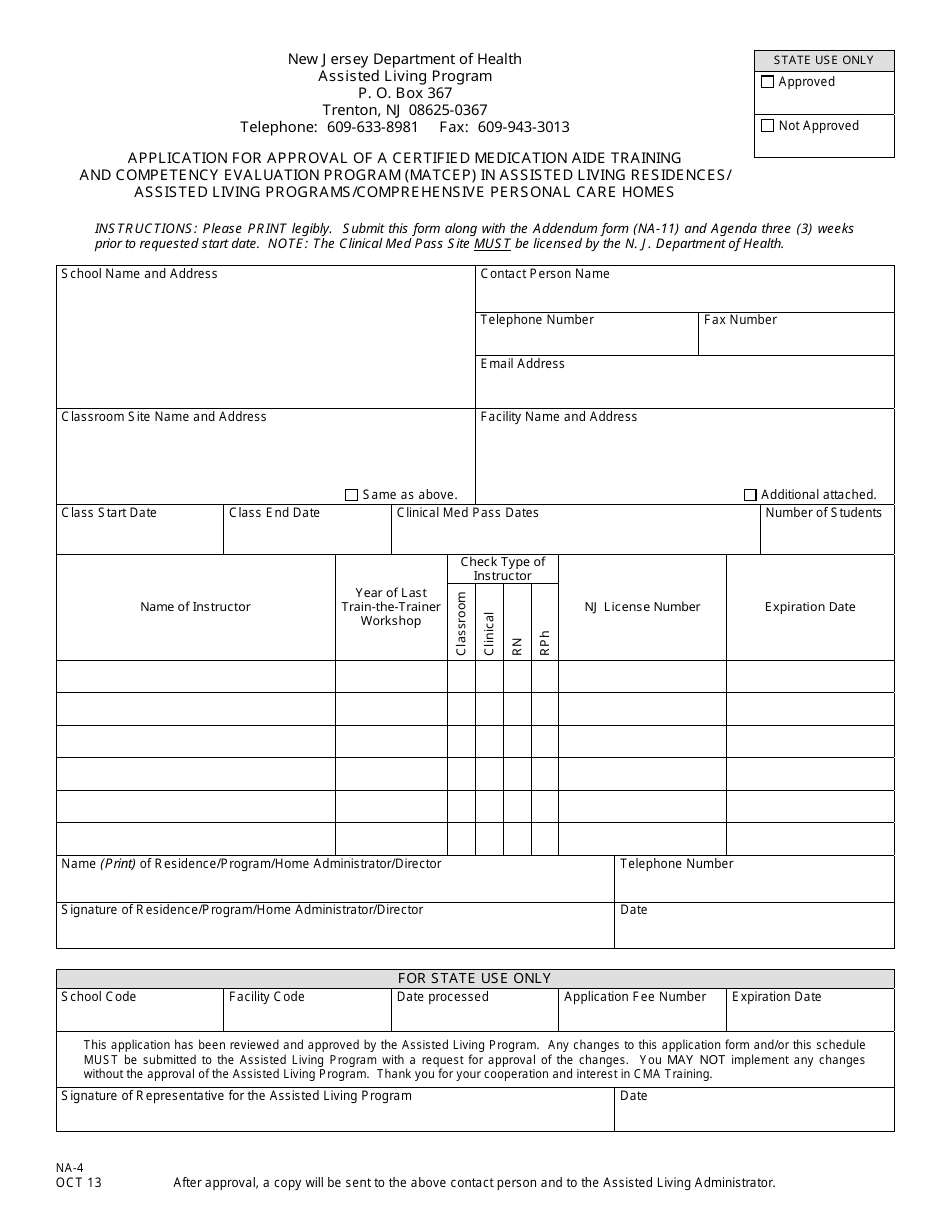 Form NA-4 Application for Approval of a Certified Medication Aide Training and Competency Evaluation Program (Matcep) in Assisted Living Residences / Assisted Living Programs / Comprehensive Personal Care Homes - New Jersey, Page 1