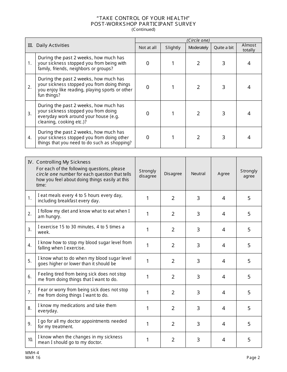 Form MMH-4 Take Control of Your Health Post-workshop Participant Survey - Diabetes Self-management Program - New Jersey, Page 2