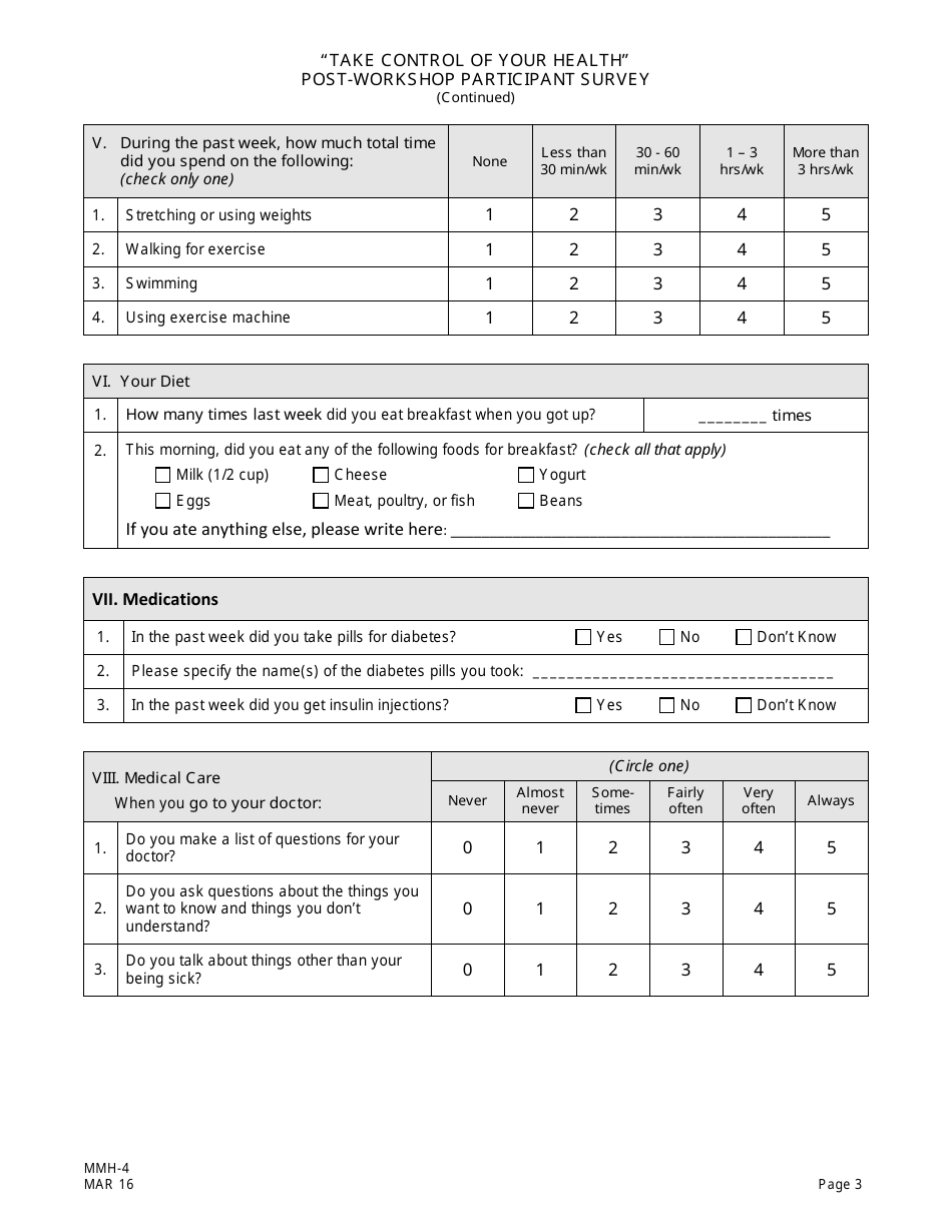 Form MMH-4 Take Control of Your Health Post-workshop Participant Survey - Diabetes Self-management Program - New Jersey, Page 3