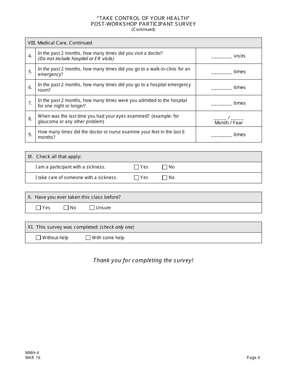 Form MMH-4 Take Control of Your Health Post-workshop Participant Survey - Diabetes Self-management Program - New Jersey, Page 4
