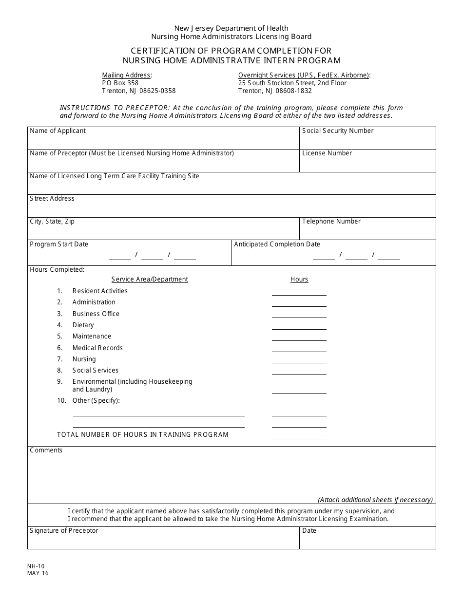 Form NH-10 Certification of Program Completion for Nursing Home Administrative Intern Program - New Jersey, Page 1