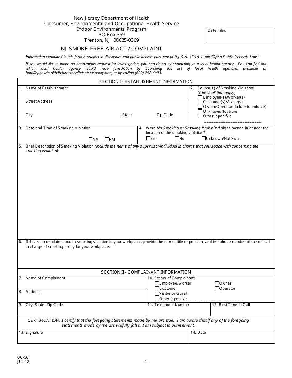 Form OC-56 Nj Smoke Free Air Act / Complaint - New Jersey, Page 1