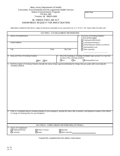 Form OC-58  Printable Pdf
