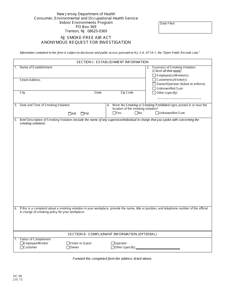 Form OC-58 Nj Smoke Free Air Act / Anonymous Request for Investigation - New Jersey, Page 1