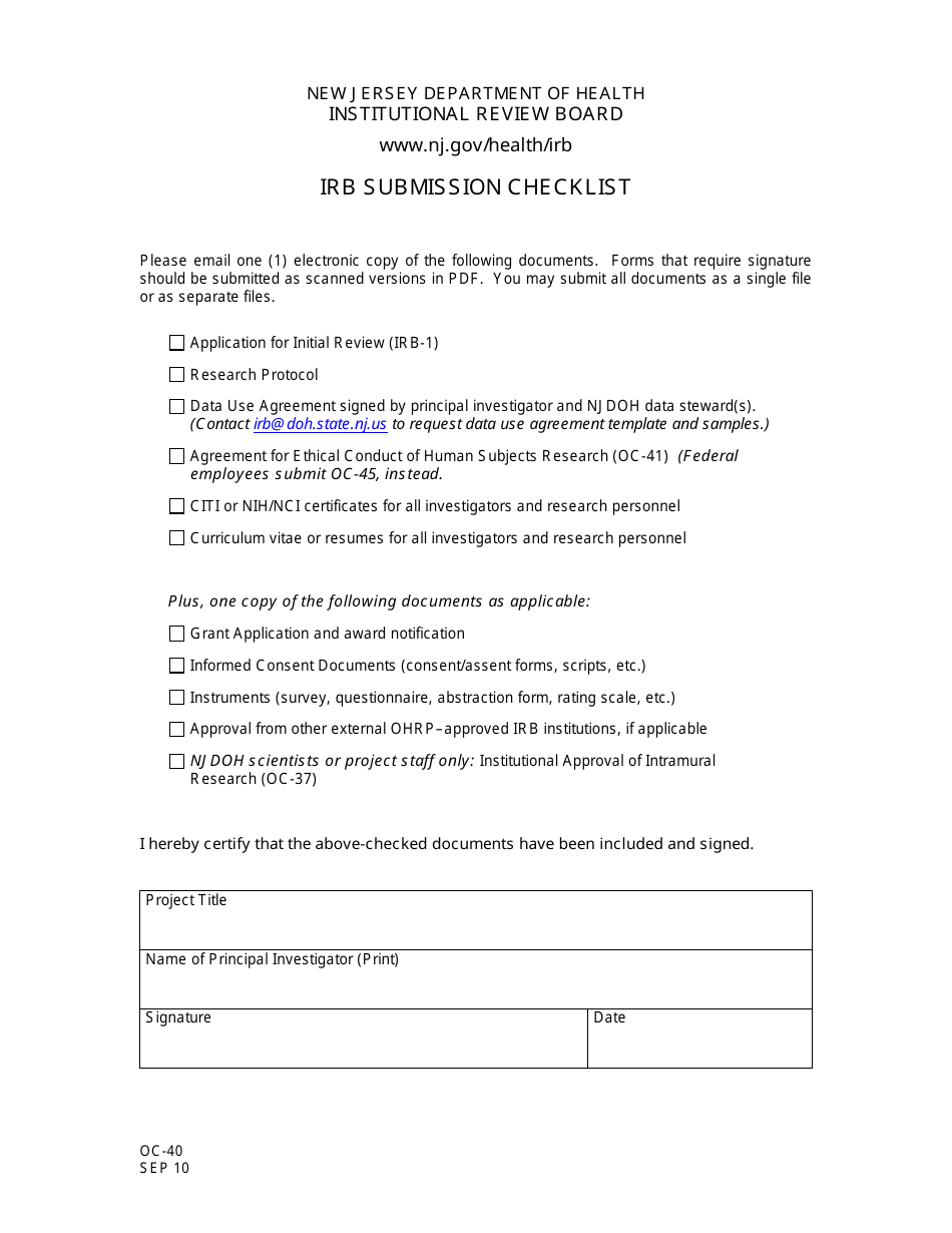 Form OC-40 Irb Submission Checklist - New Jersey, Page 1