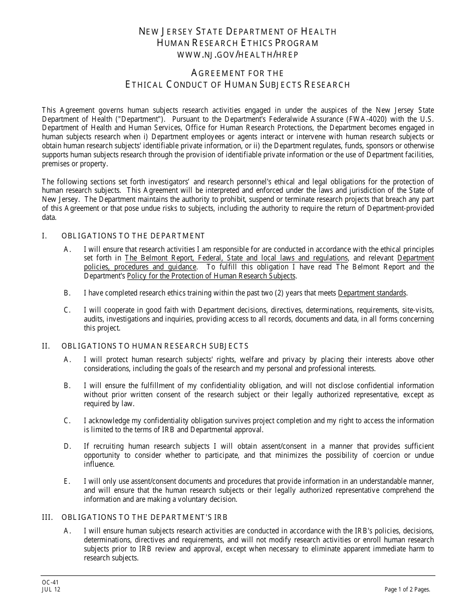 Form OC-41 Agreement for Ethical Conduct of Human Subjects Research - New Jersey, Page 1