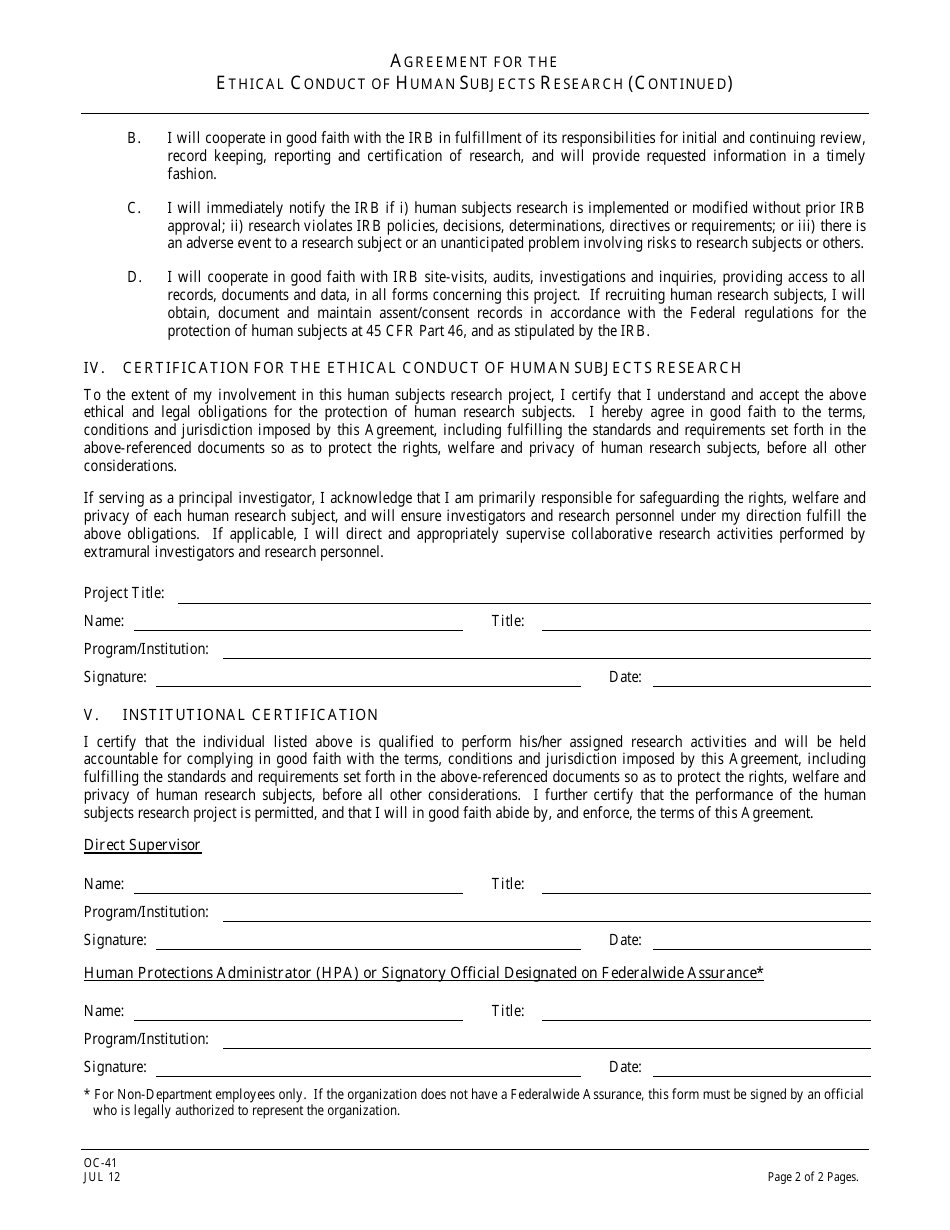 Form OC-41 Agreement for Ethical Conduct of Human Subjects Research - New Jersey, Page 2