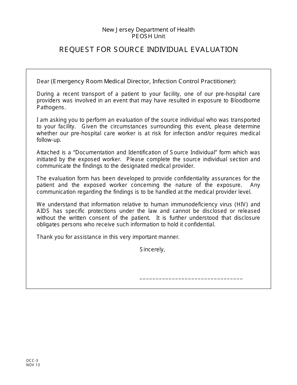 Form OCC-3 Request for Source Individual Evaluation - New Jersey, Page 1