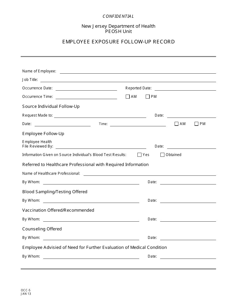 Form OCC-5 Employee Exposure Follow-Up Record - New Jersey, Page 1