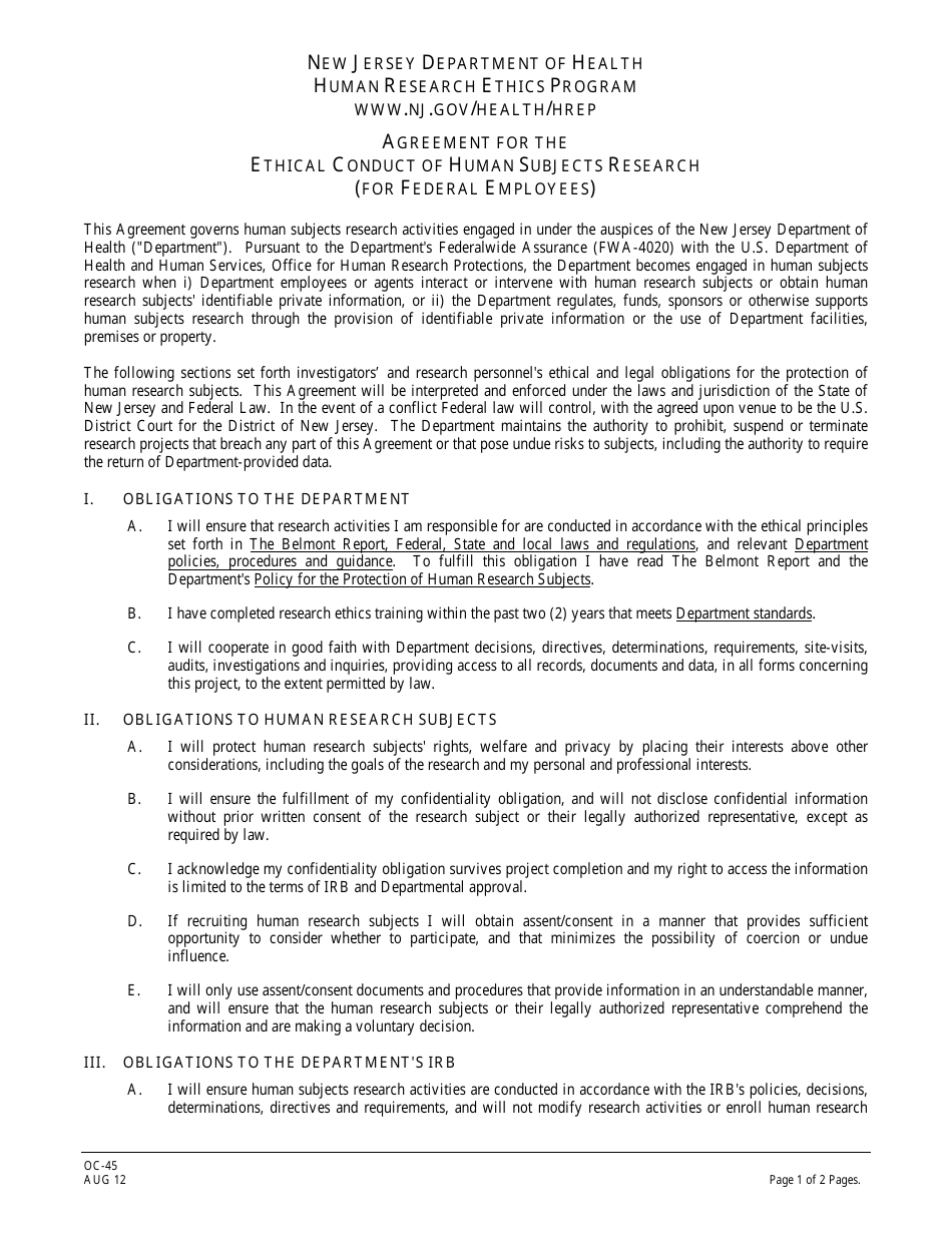 Form OC-45 Agreement for Ethical Conduct of Human Subjects Research (Federal Employees) - New Jersey, Page 1
