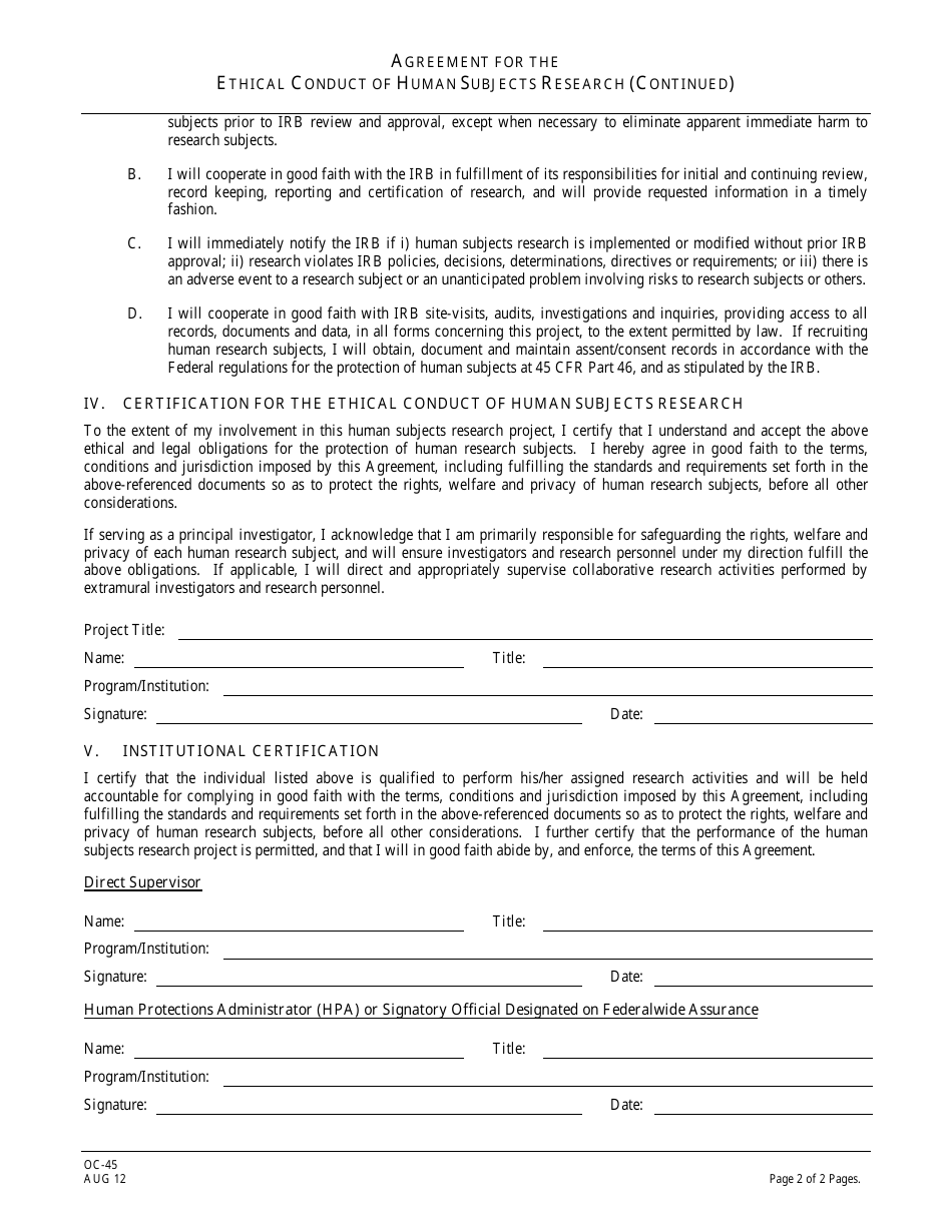 Form OC-45 Agreement for Ethical Conduct of Human Subjects Research (Federal Employees) - New Jersey, Page 2