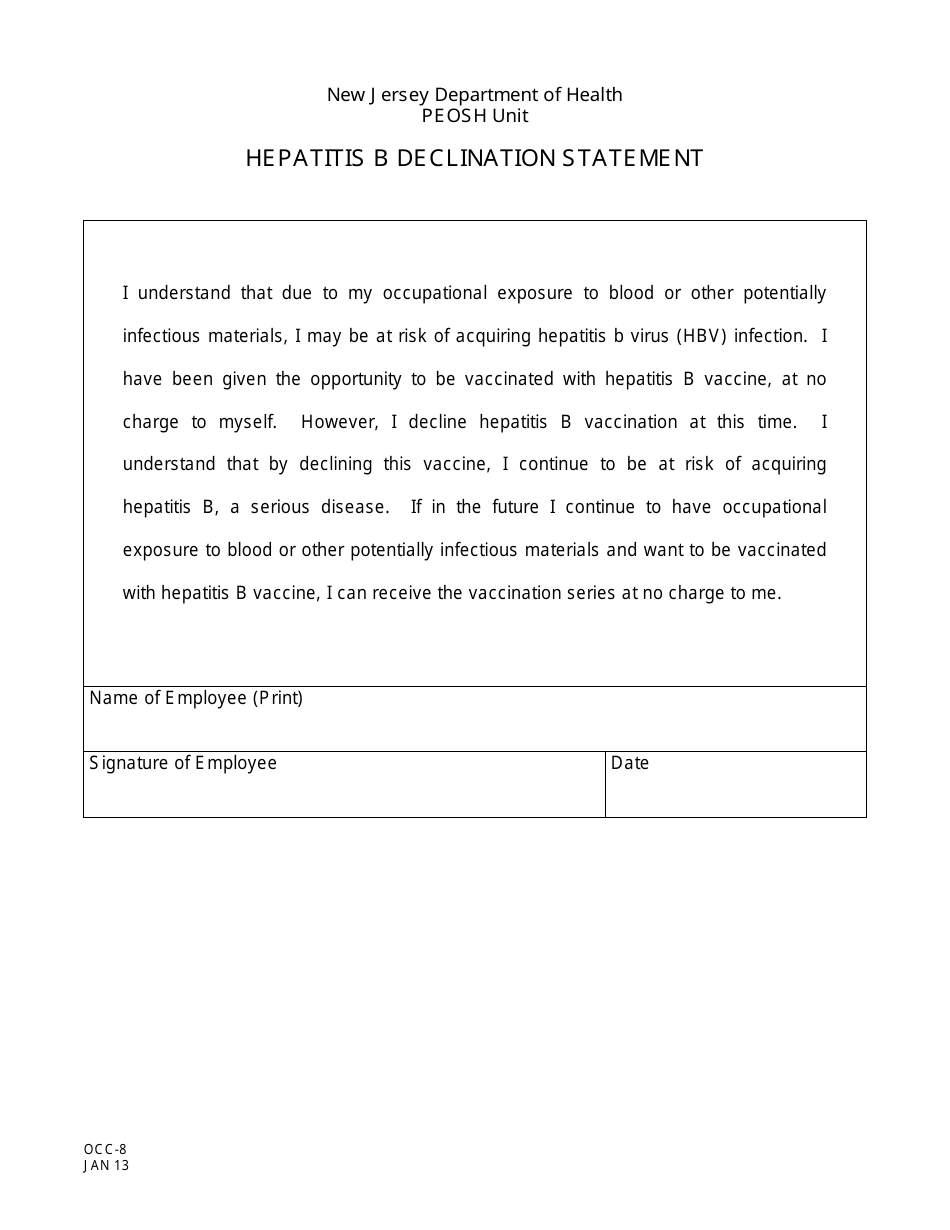Form OCC-8 Hepatitis B Declination Statement - New Jersey, Page 1