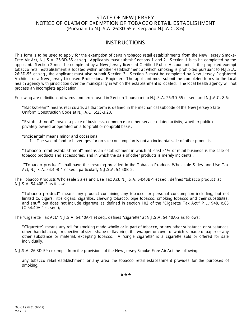 Form OC-51 Notice of Claim of Exemption of Tobacco Retail Establishment - New Jersey, Page 1