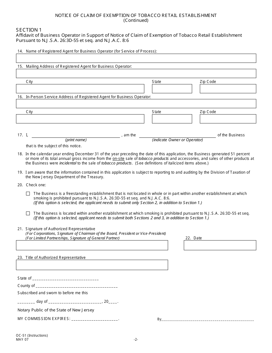 Form OC-51 Notice of Claim of Exemption of Tobacco Retail Establishment - New Jersey, Page 3