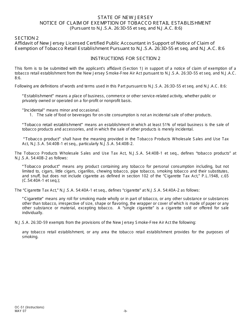 Form OC-51 Notice of Claim of Exemption of Tobacco Retail Establishment - New Jersey, Page 4