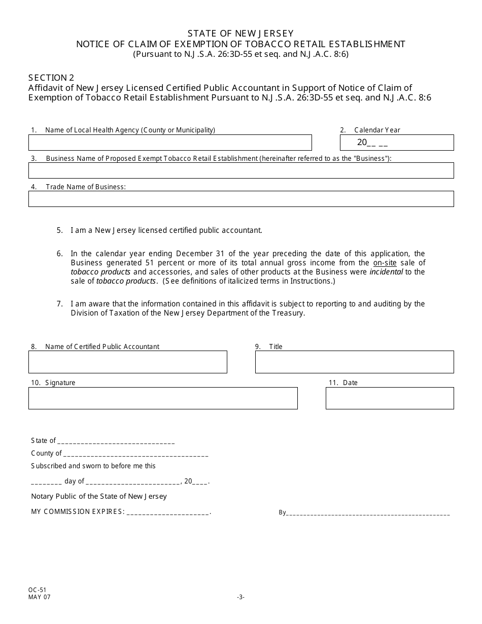 Form OC-51 Notice of Claim of Exemption of Tobacco Retail Establishment - New Jersey, Page 5