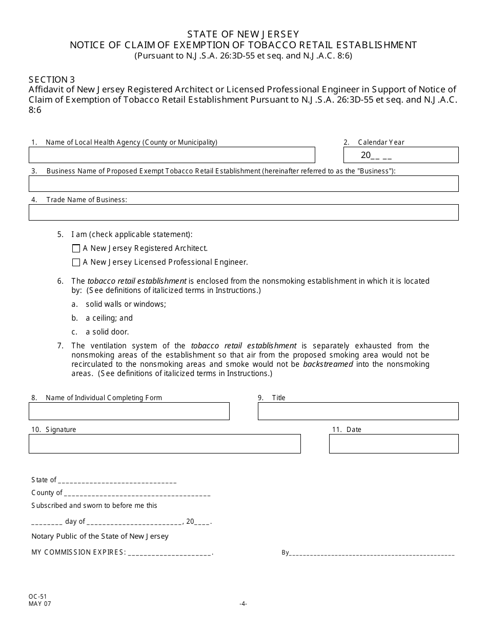 Form OC-51 Notice of Claim of Exemption of Tobacco Retail Establishment - New Jersey, Page 7
