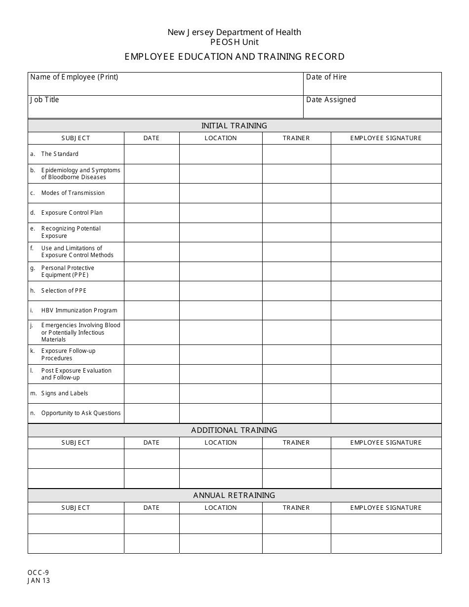 Form OCC-9 Employee Education and Training Record - New Jersey, Page 1