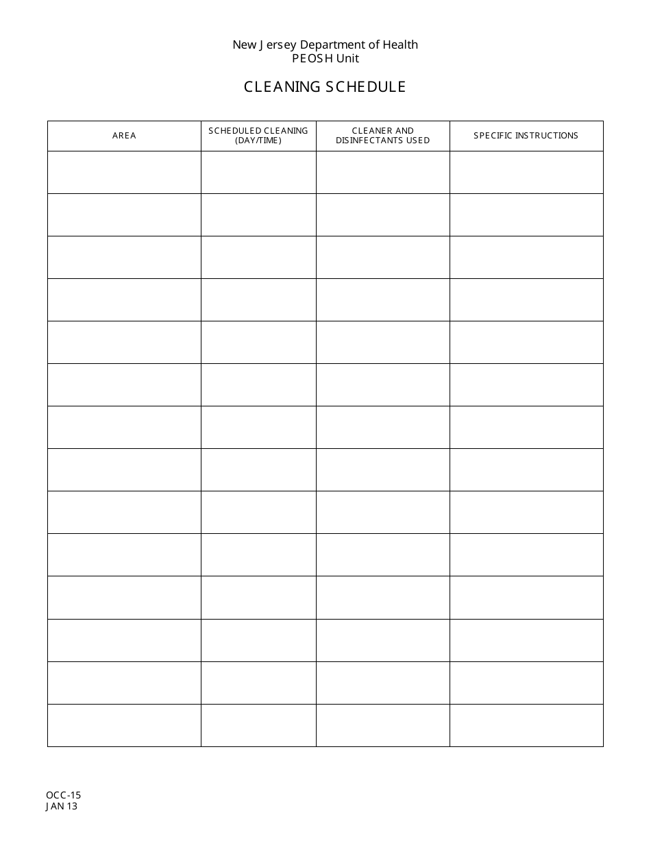 Form OCC-15 Cleaning Schedule - New Jersey, Page 1