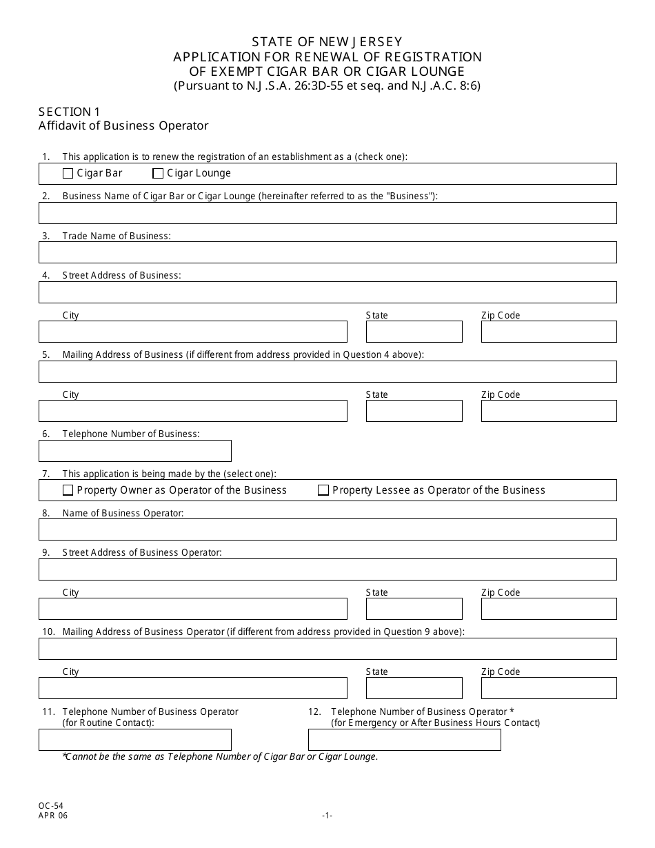 Form OC-54 Application for Renewal of Registration of Exempt Cigar Bar or Cigar Lounge - New Jersey, Page 3