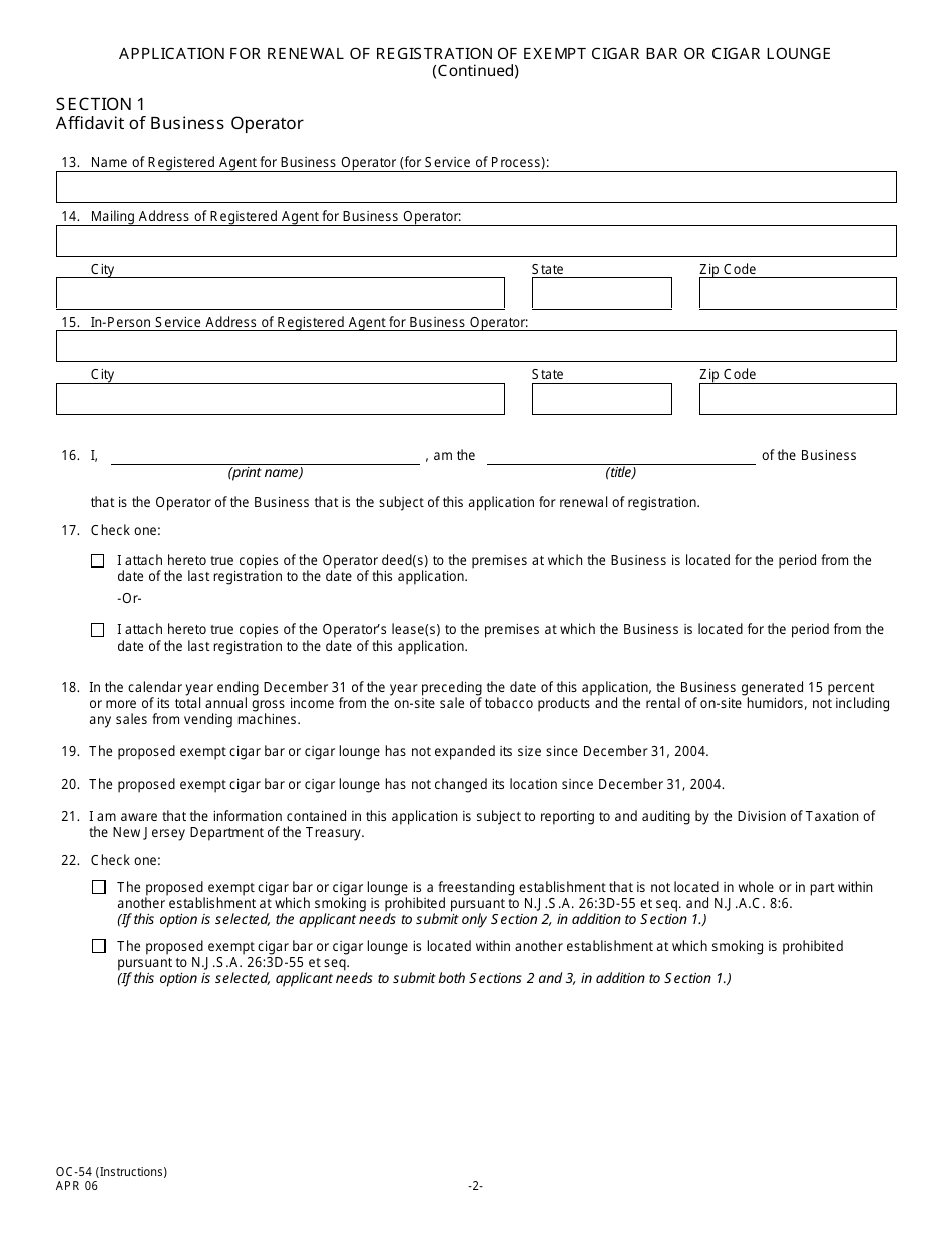 Form OC-54 Application for Renewal of Registration of Exempt Cigar Bar or Cigar Lounge - New Jersey, Page 4