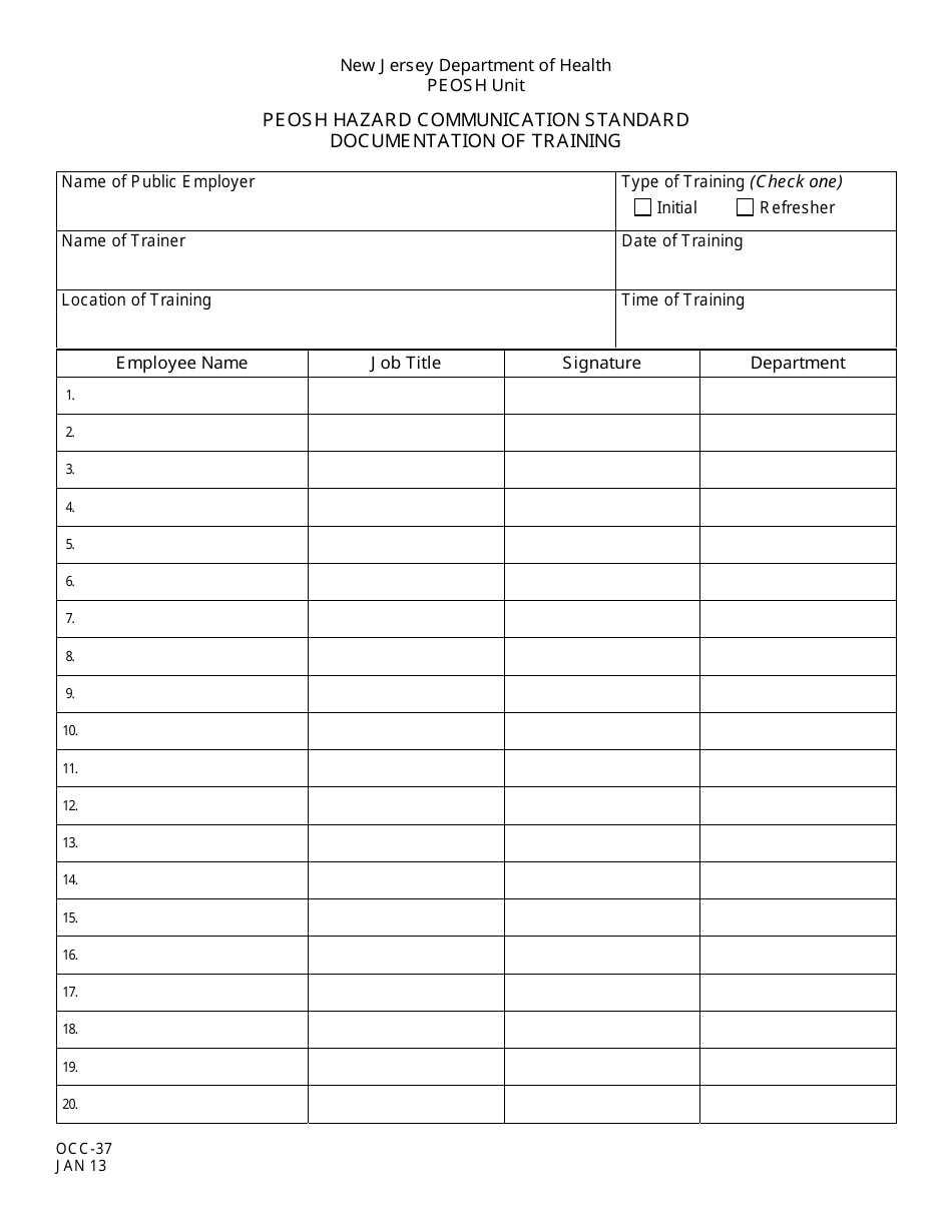 Form OCC-37 Peosh Hazard Communication Standard, Documentation of Training - New Jersey, Page 1