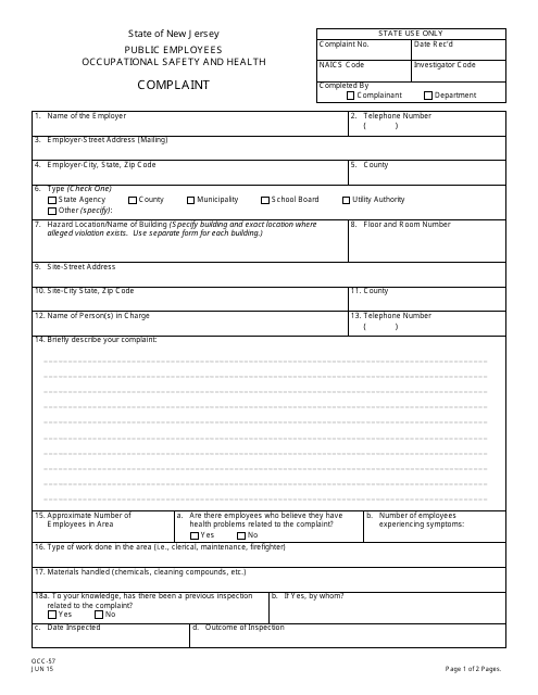 Form OCC-57 Public Employees Occupational Safety and Health (Peosh) Unit Complaint - New Jersey