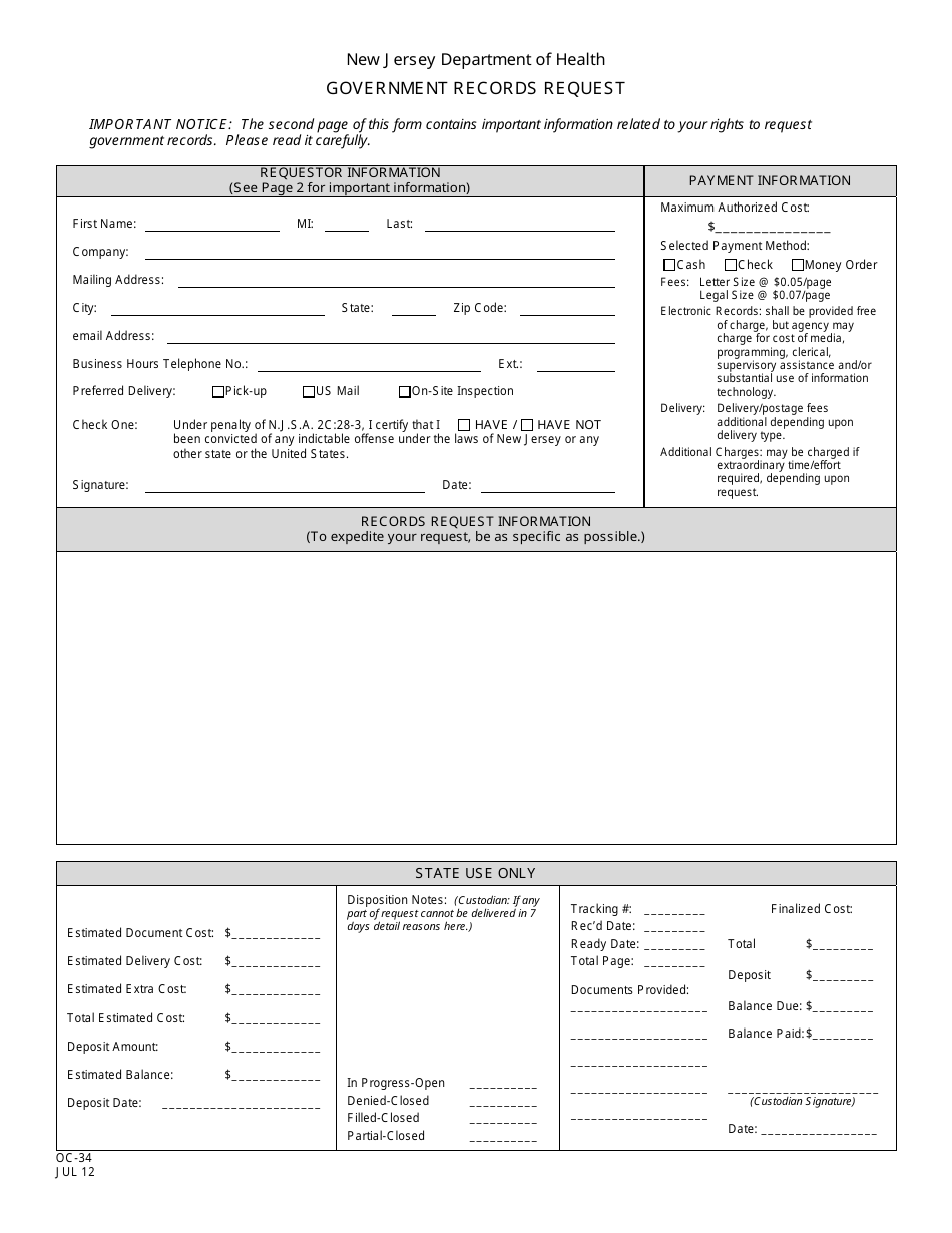 Form OC-34 Government Records Request (Opra) - New Jersey, Page 1