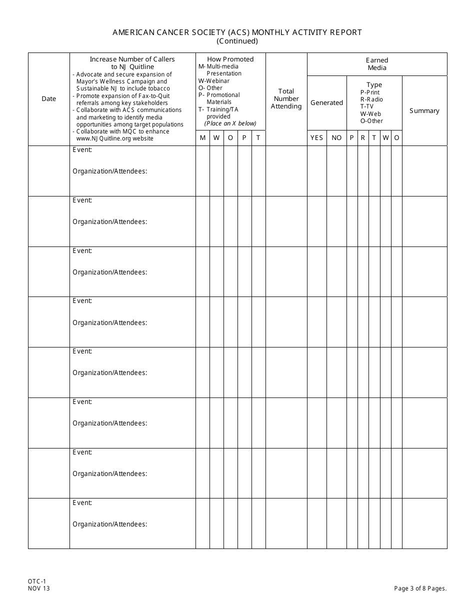 Form OTC-1 American Cancer Society (Acs) Monthly Activity Report - New Jersey, Page 3