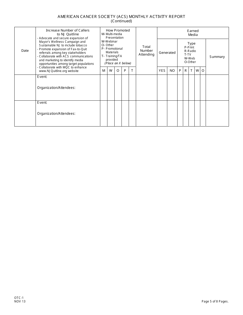 Form OTC-1 American Cancer Society (Acs) Monthly Activity Report - New Jersey, Page 5