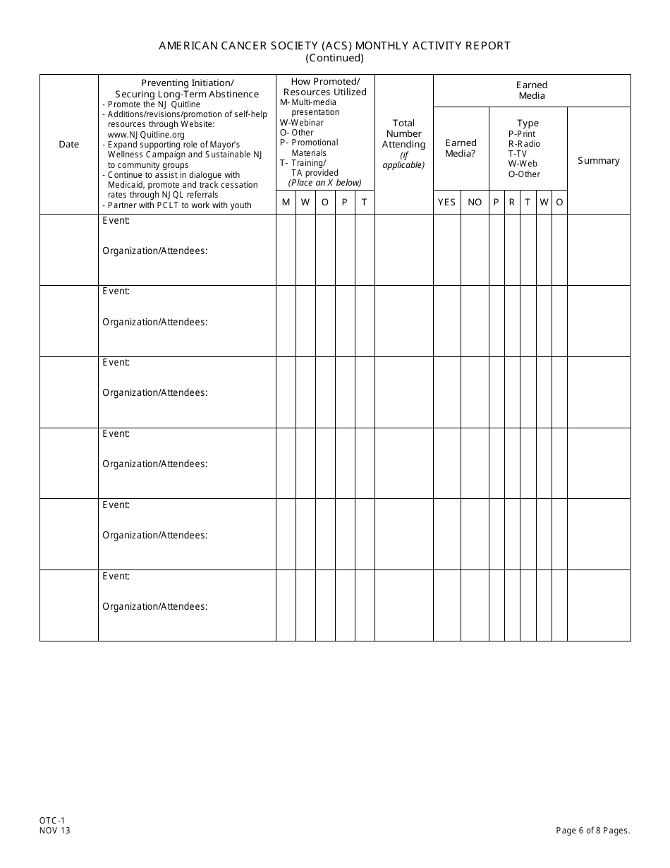 Form OTC-1 American Cancer Society (Acs) Monthly Activity Report - New Jersey, Page 6