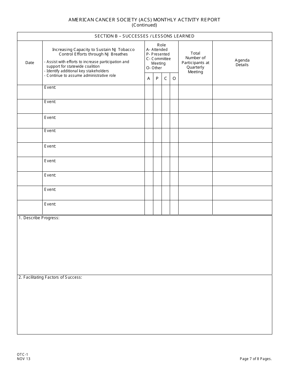 Form OTC-1 American Cancer Society (Acs) Monthly Activity Report - New Jersey, Page 7