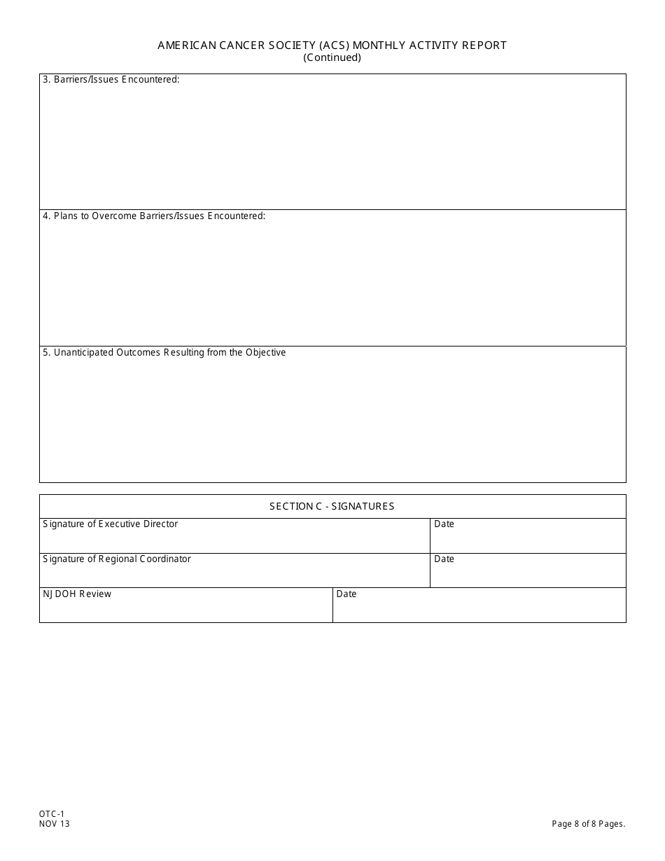 Form OTC-1 American Cancer Society (Acs) Monthly Activity Report - New Jersey, Page 8