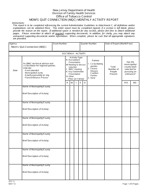Form OTC-3 Mom's Quit Connection (Mqc) Monthly Activity Report - New Jersey