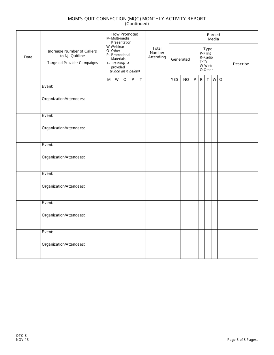 Form OTC-3 Moms Quit Connection (Mqc) Monthly Activity Report - New Jersey, Page 3