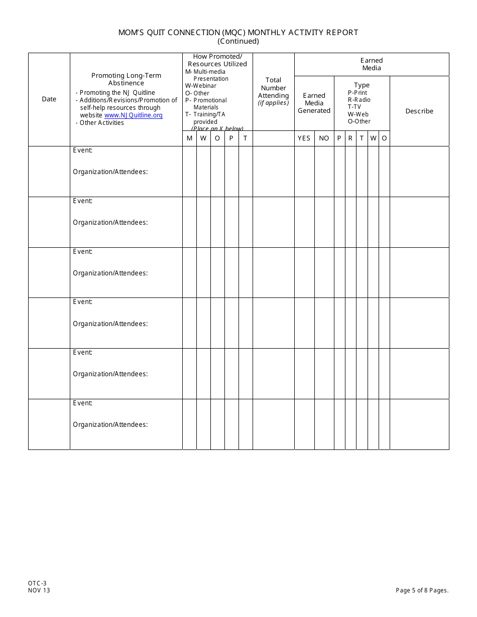 Form OTC-3 Moms Quit Connection (Mqc) Monthly Activity Report - New Jersey, Page 5