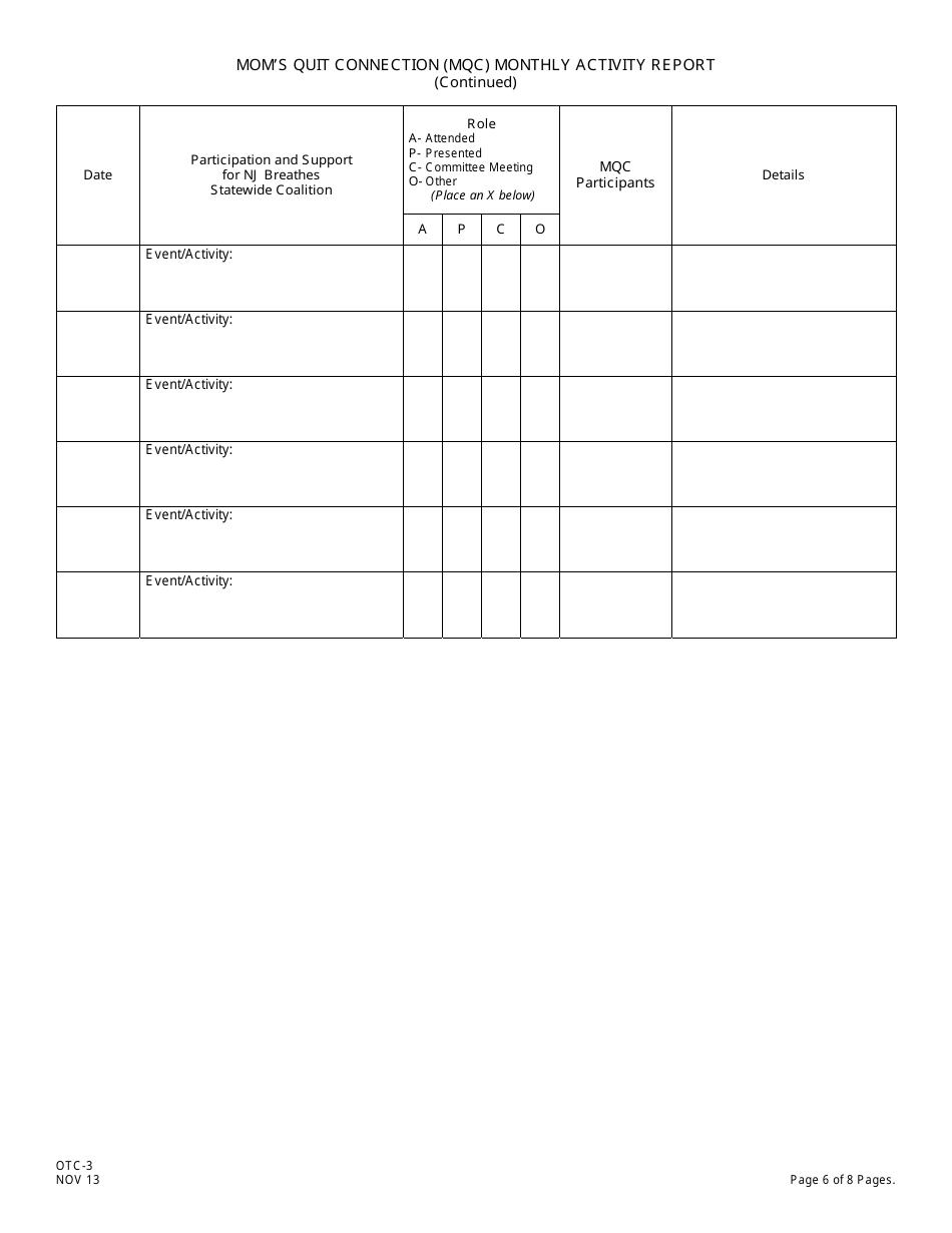 Form OTC-3 Moms Quit Connection (Mqc) Monthly Activity Report - New Jersey, Page 6
