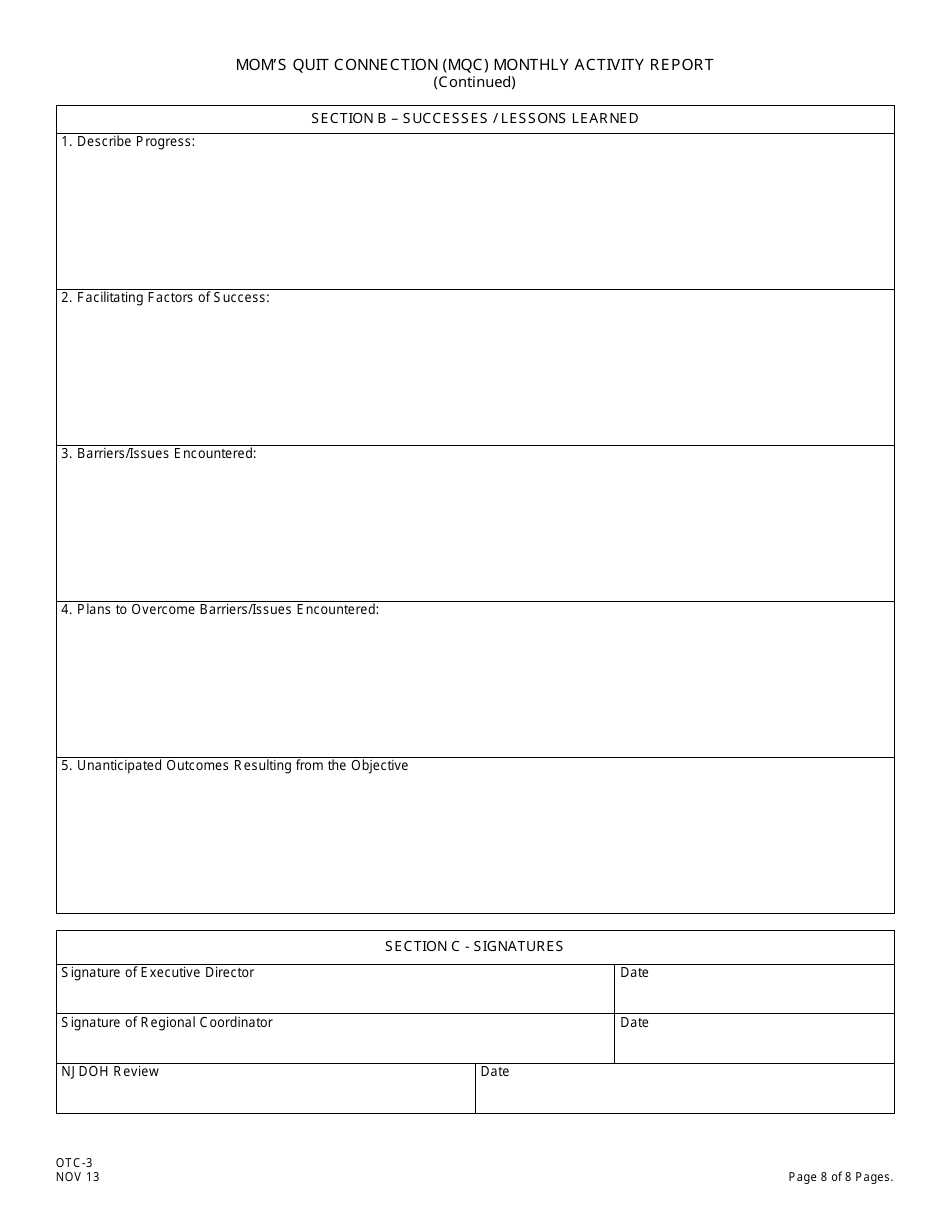 Form OTC-3 Moms Quit Connection (Mqc) Monthly Activity Report - New Jersey, Page 8