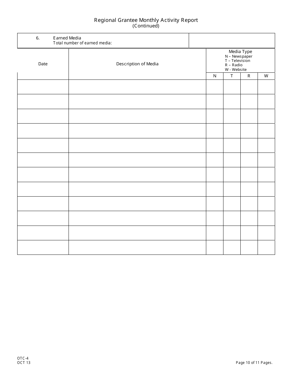 Form OTC-4 Regional Grantee Monthly Activity Report - New Jersey, Page 10