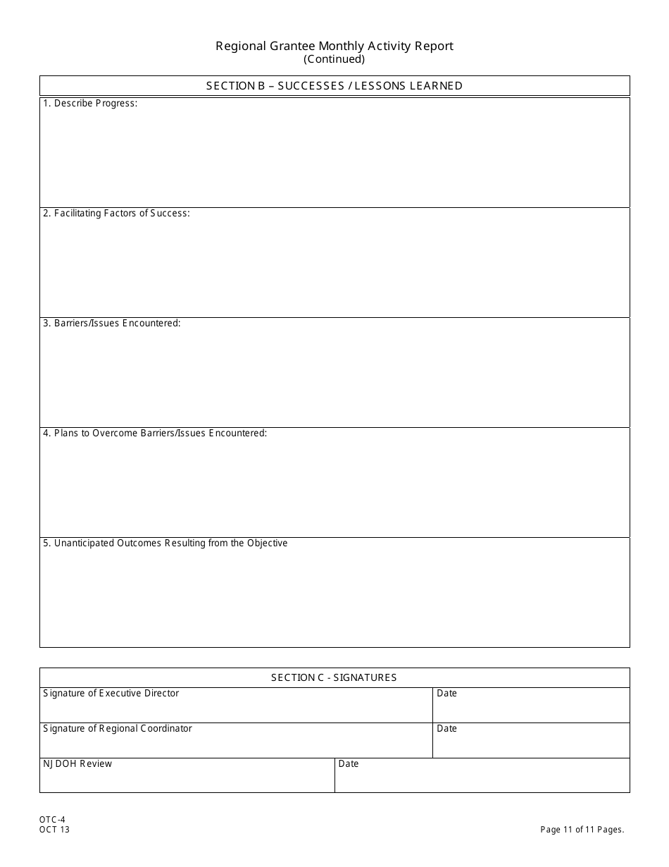 Form OTC-4 Regional Grantee Monthly Activity Report - New Jersey, Page 11