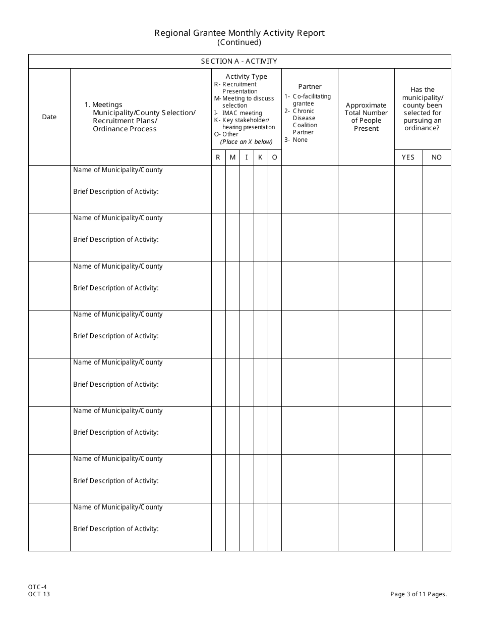 Form OTC-4 Regional Grantee Monthly Activity Report - New Jersey, Page 3