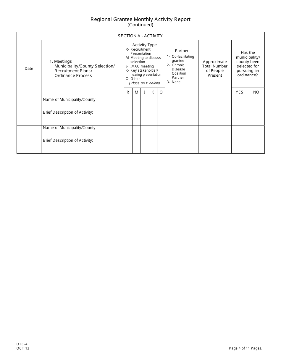 Form OTC-4 Regional Grantee Monthly Activity Report - New Jersey, Page 4