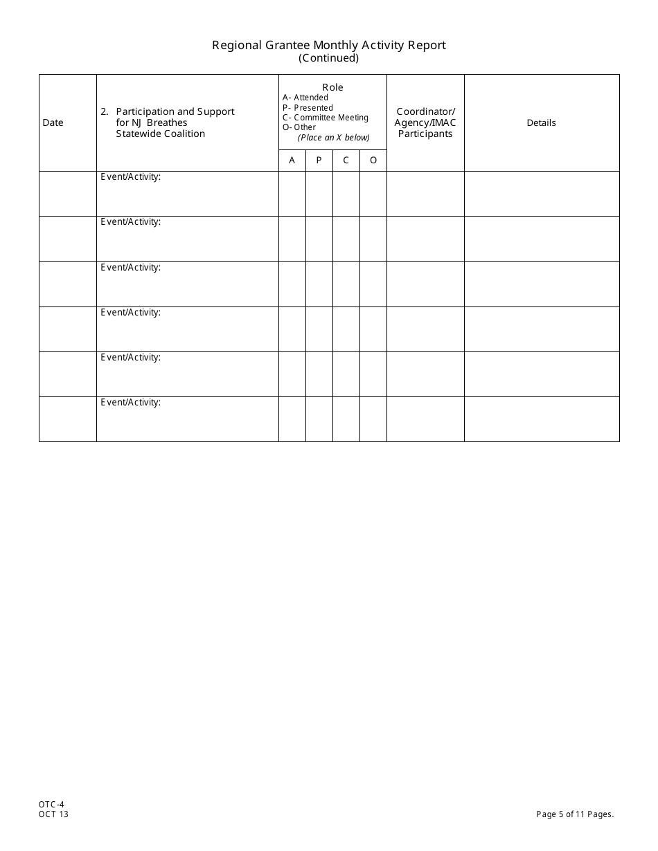 Form OTC-4 Regional Grantee Monthly Activity Report - New Jersey, Page 5