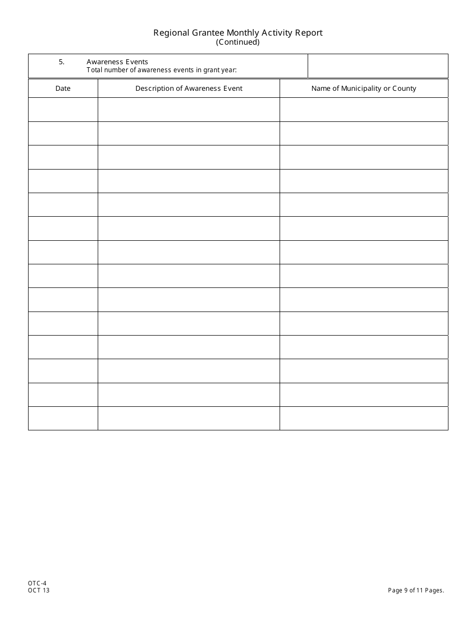 Form OTC-4 Regional Grantee Monthly Activity Report - New Jersey, Page 9