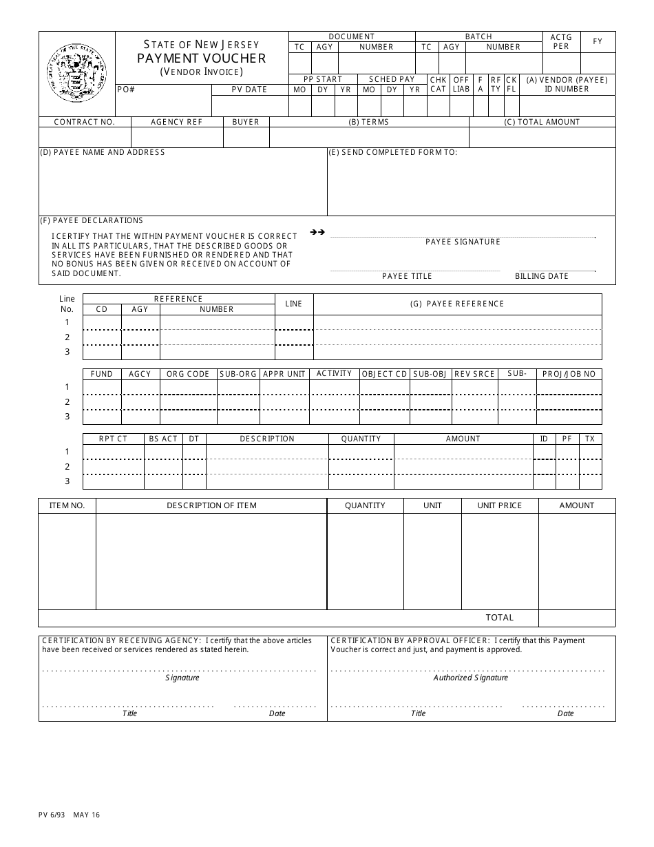 Form PV6 / 93 Payment Voucher (Vendor Invoice) - New Jersey, Page 1