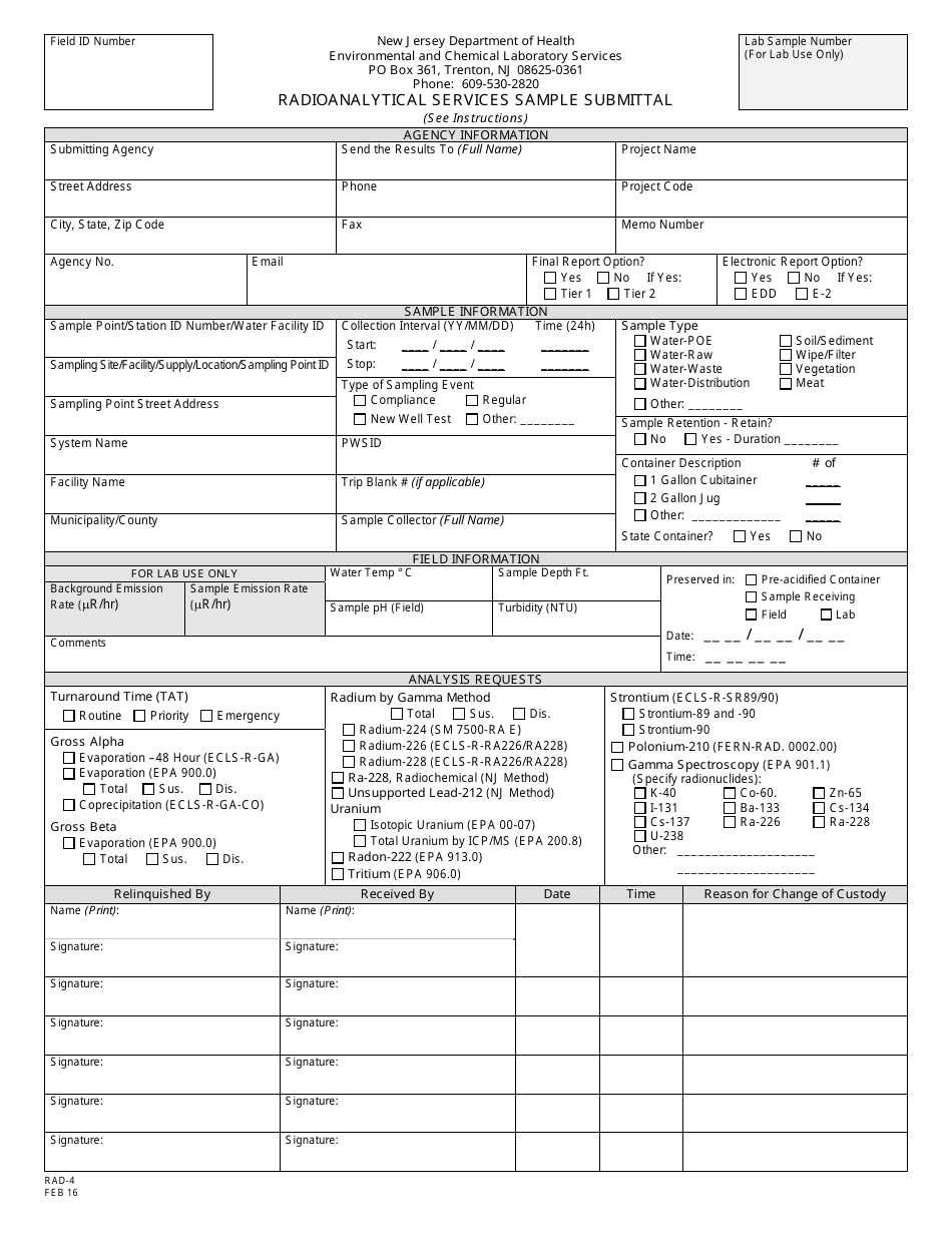 Form RAD-4 Radioanalytical Services Sample Submittal - New Jersey, Page 1